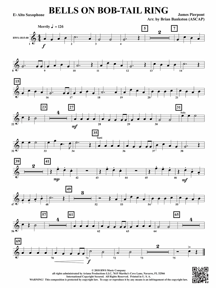 Bells on Bob-Tail Ring: 1st E-flat Alto Saxophone Alto Saxophone scores gallery preview page 1