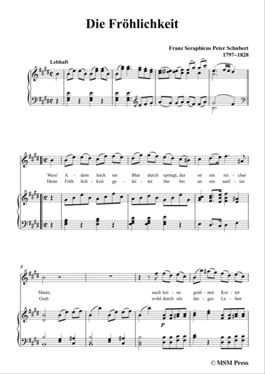 Schubert-Die Fröhlichkeit,in E Major,for Voice&Piano Voice scores gallery preview page 3