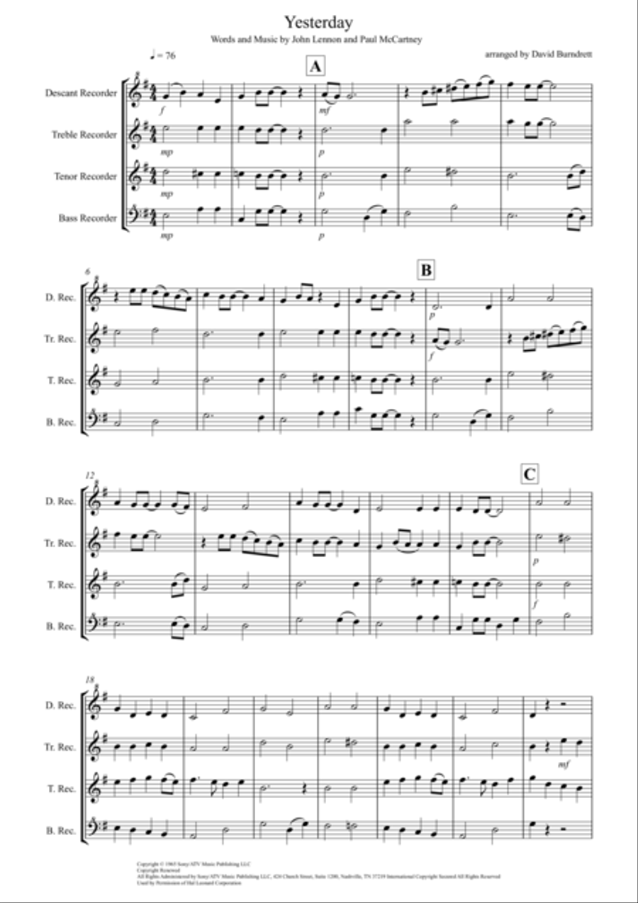 Yesterday Recorder scores gallery preview page 1