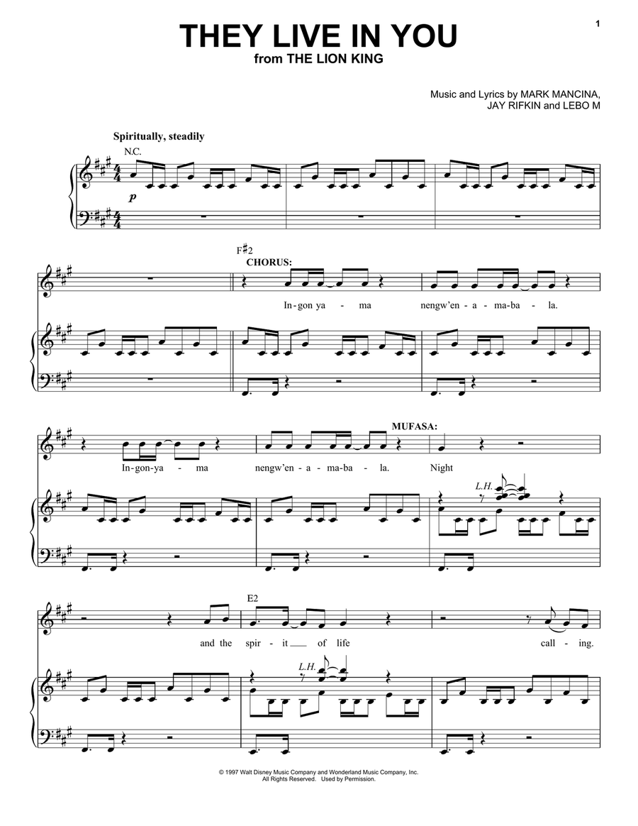 They Live In You (from The Lion King: Broadway Musical) Piano, Vocal, Guitar scores gallery preview page 1