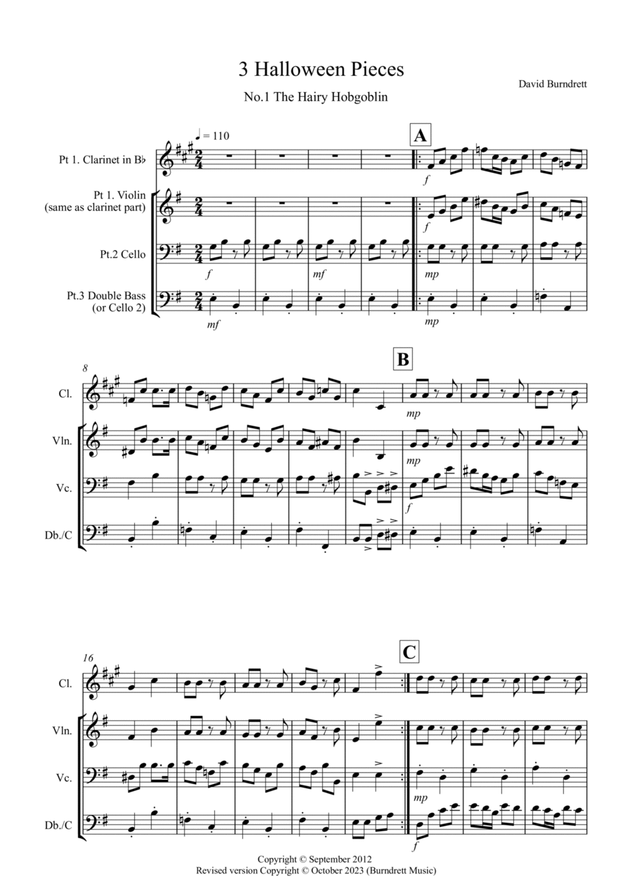 3 Halloween Pieces for Clarinet or Violin, Cello and Double Bass Trio Clarinet scores gallery preview page 1