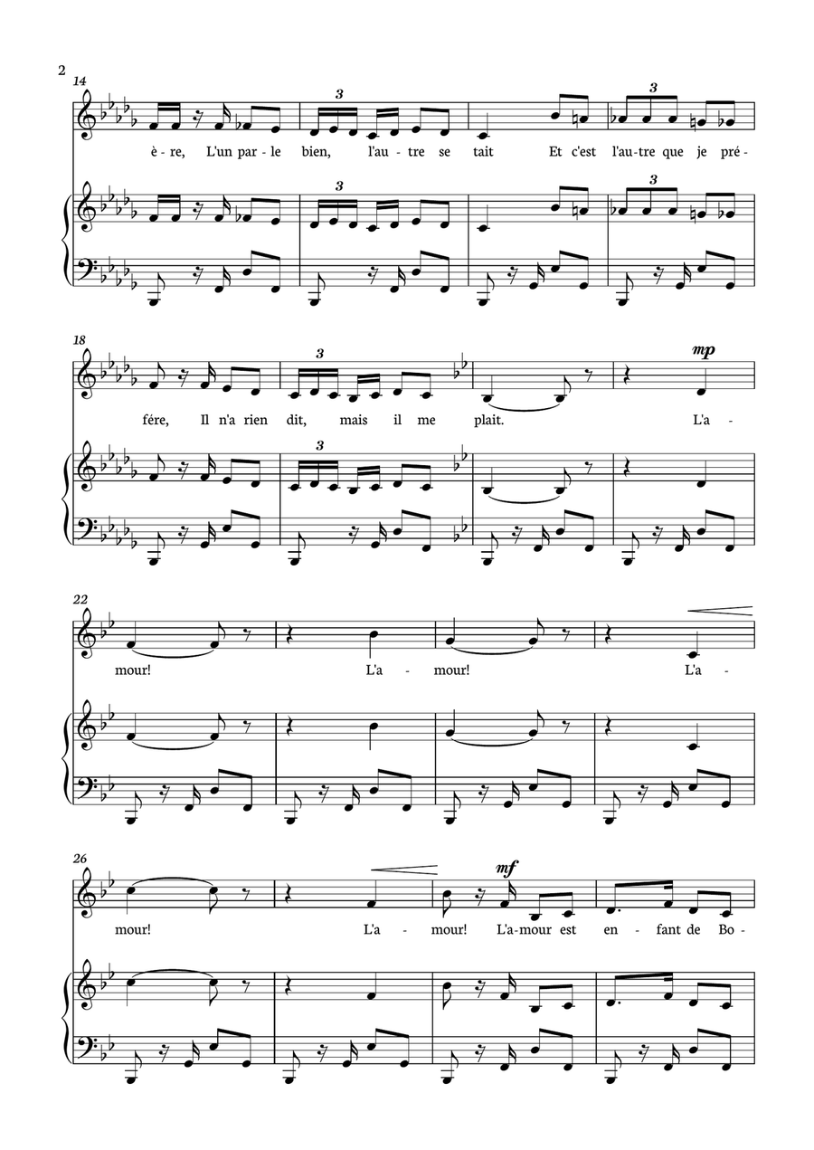 Habanera - Carmen for piano and voice in Bb minor. Piano, Vocal scores gallery preview page 2