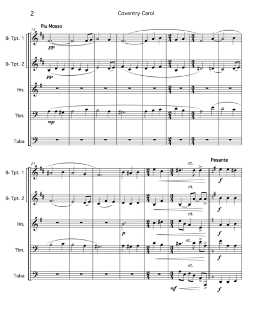 Two Solemn Carols - Coventry Carol / Personent Hodie Brass Ensemble scores gallery preview page 2