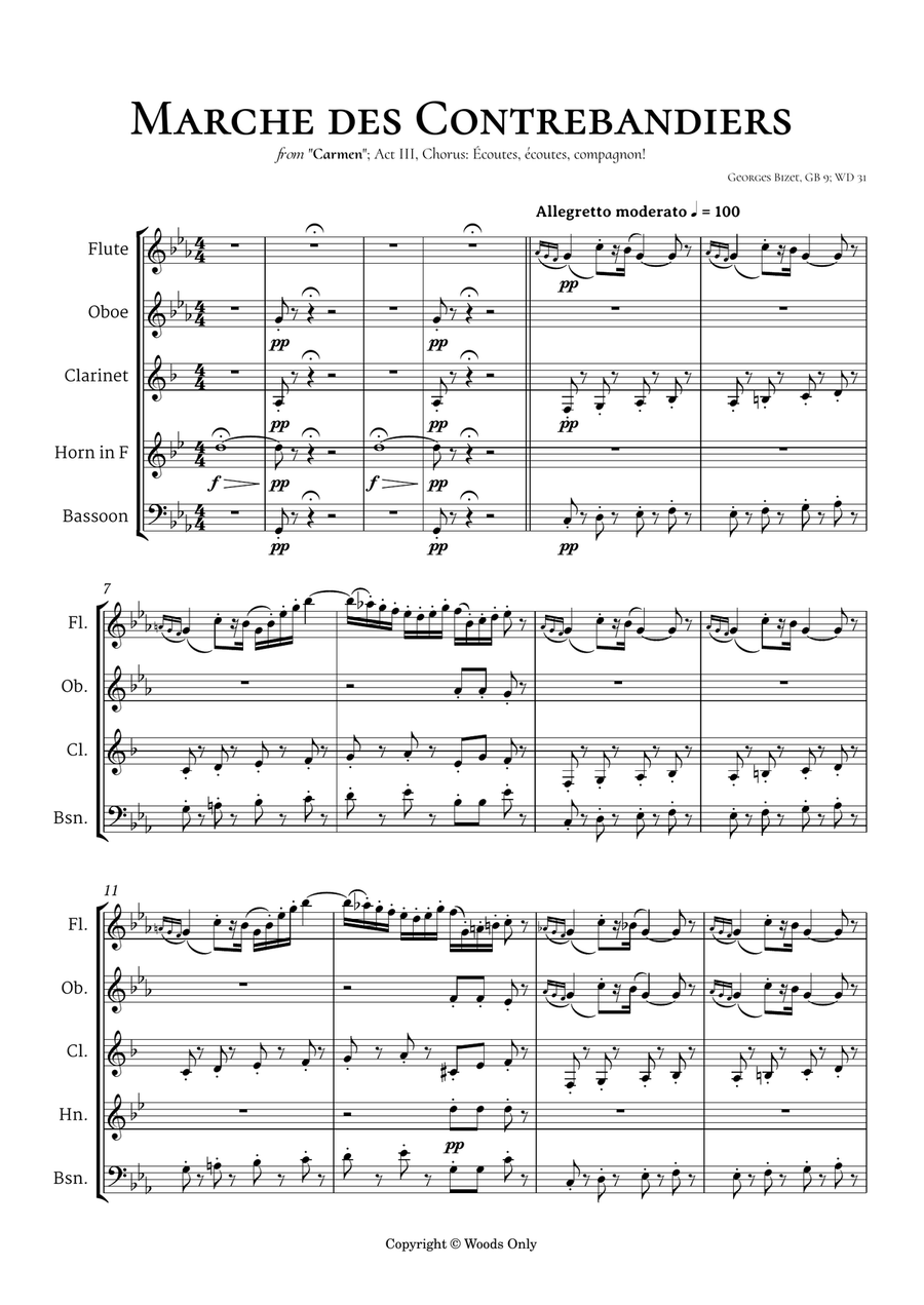 Marche des contrebandiers from Carmen by Georges Bizet GB 9 for Woodwind Quintet Woodwind Quintet scores gallery preview page 2