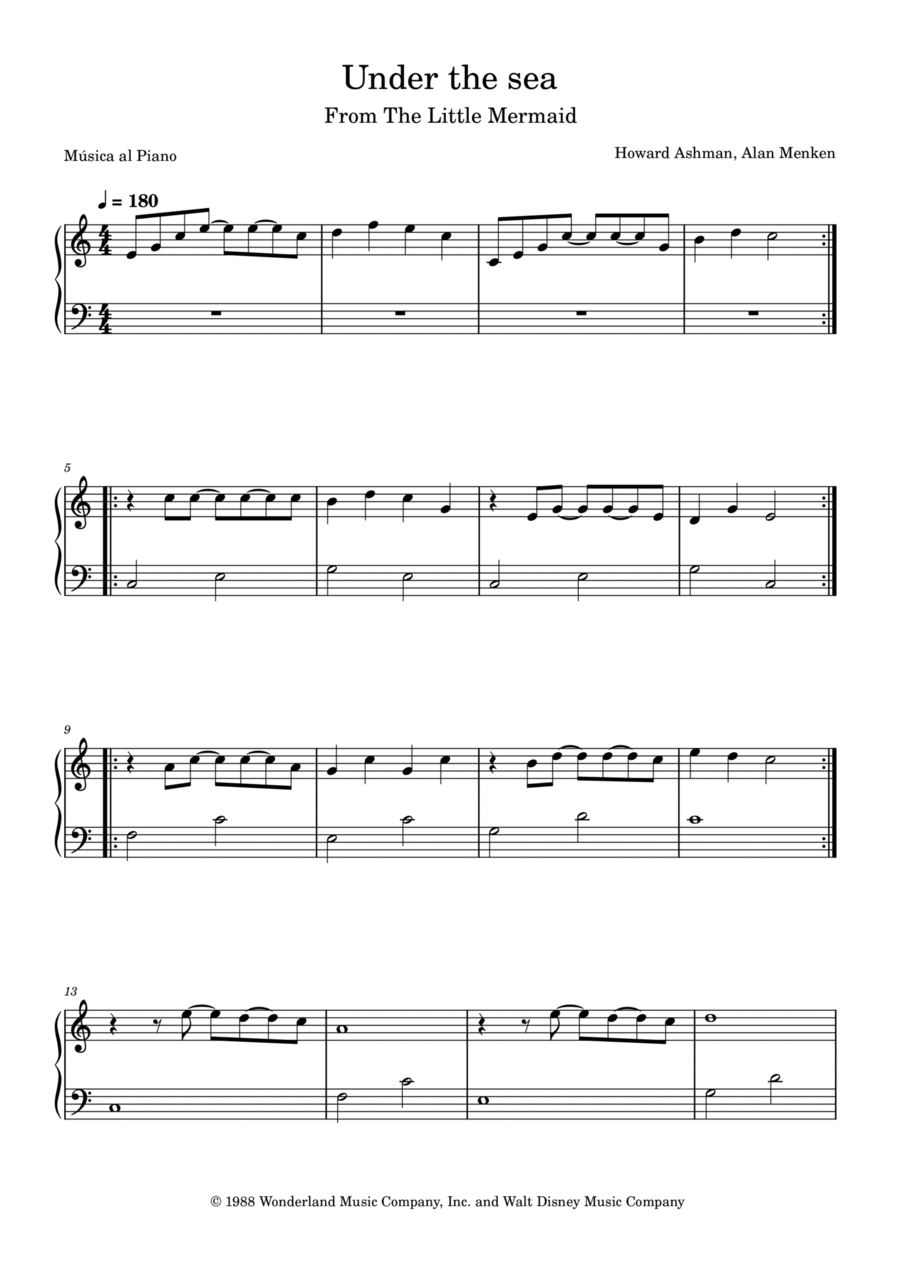 Under The Sea Easy Piano scores gallery preview page 1