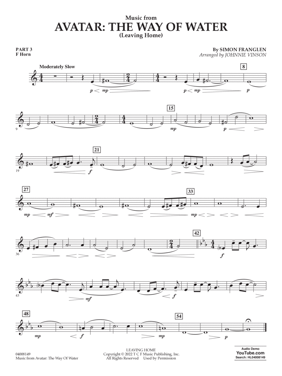 Music from Avatar: The Way Of Water (Leaving Home) (arr. Vinson) - Part 3 - F Horn