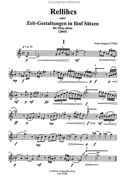 Rellihcs oder Zeit-Gestaltungen in fünf Sätzen für Oboe allein (2005)