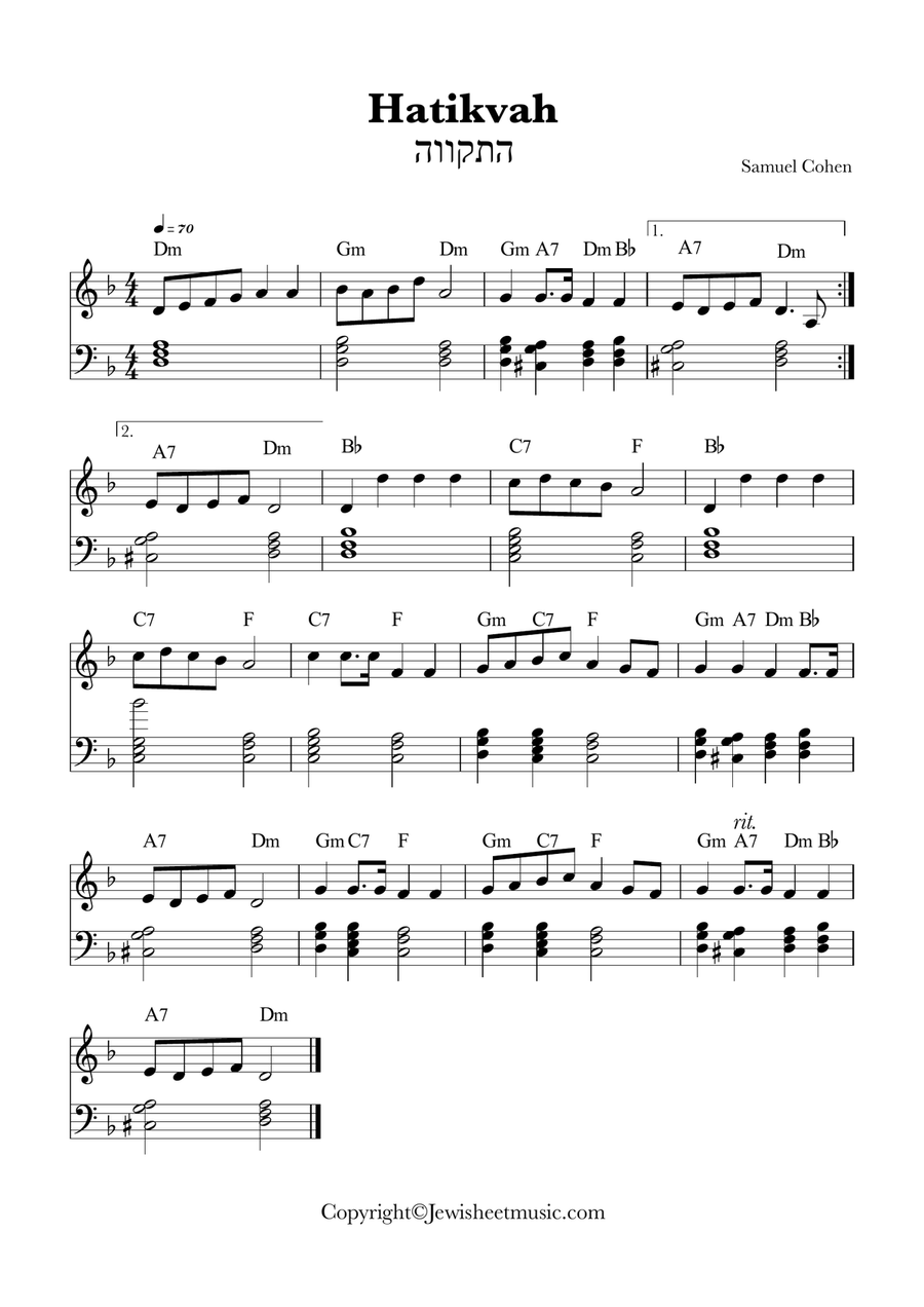 Hatikvah sheet music with chords. Anthem of Israel. התקווה Easy Piano scores gallery preview page 1