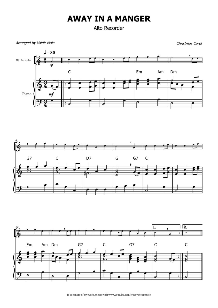 Away in a Manger – Alto Recorder Solo with Piano Accompaniment Alto Recorder scores gallery preview page 1