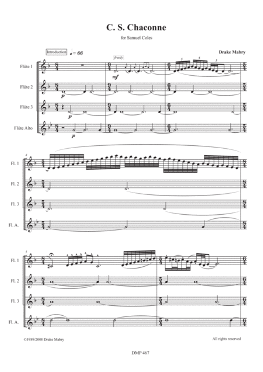 C. S. Chaconne (3 flutes & alto flute) Woodwind Quartet scores gallery preview page 1