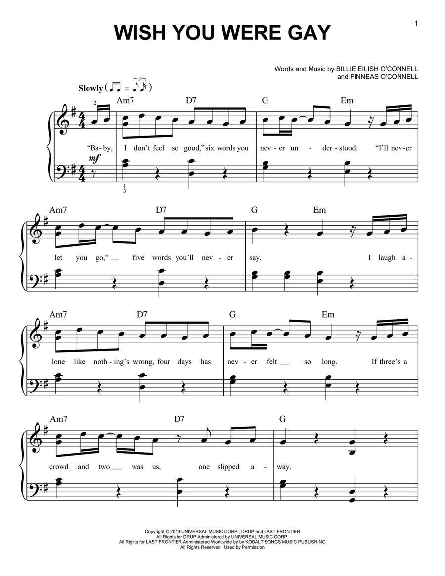 wish you were gay Easy Piano scores gallery preview page 1