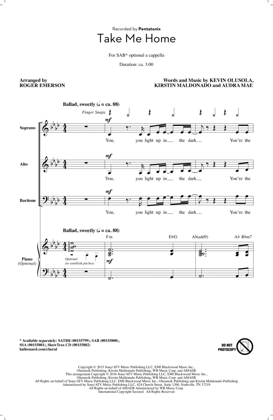 Take Me Home (arr. Roger Emerson) 3-Part scores gallery preview page 1