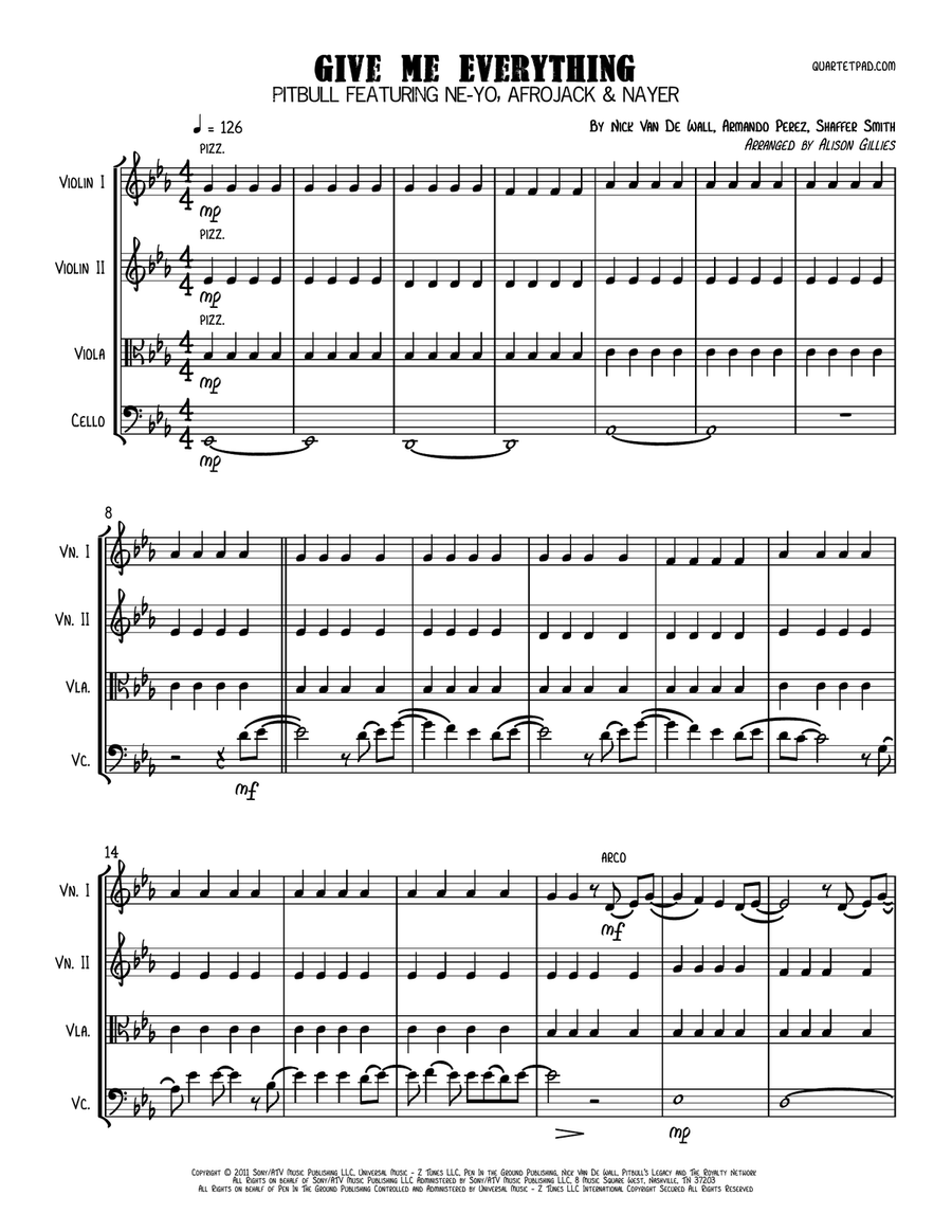 Give Me Everything (Tonight) String Quartet scores gallery preview page 1