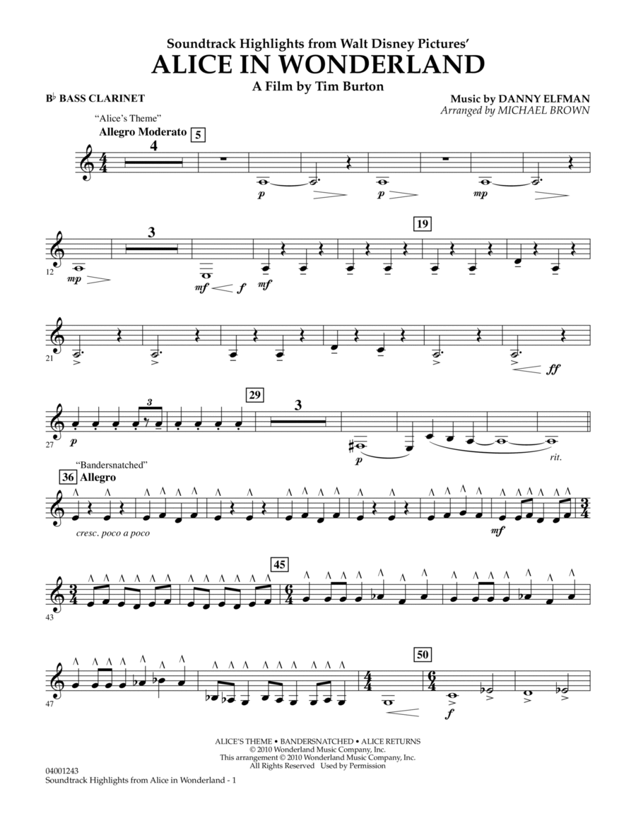 Alice In Wonderland, Soundtrack Highlights - Bb Bass Clarinet Concert Band scores gallery preview page 1