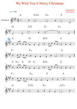We Wish You A Merry Christmas, sheet music and flugelhorn melody for the beginning musician (easy).