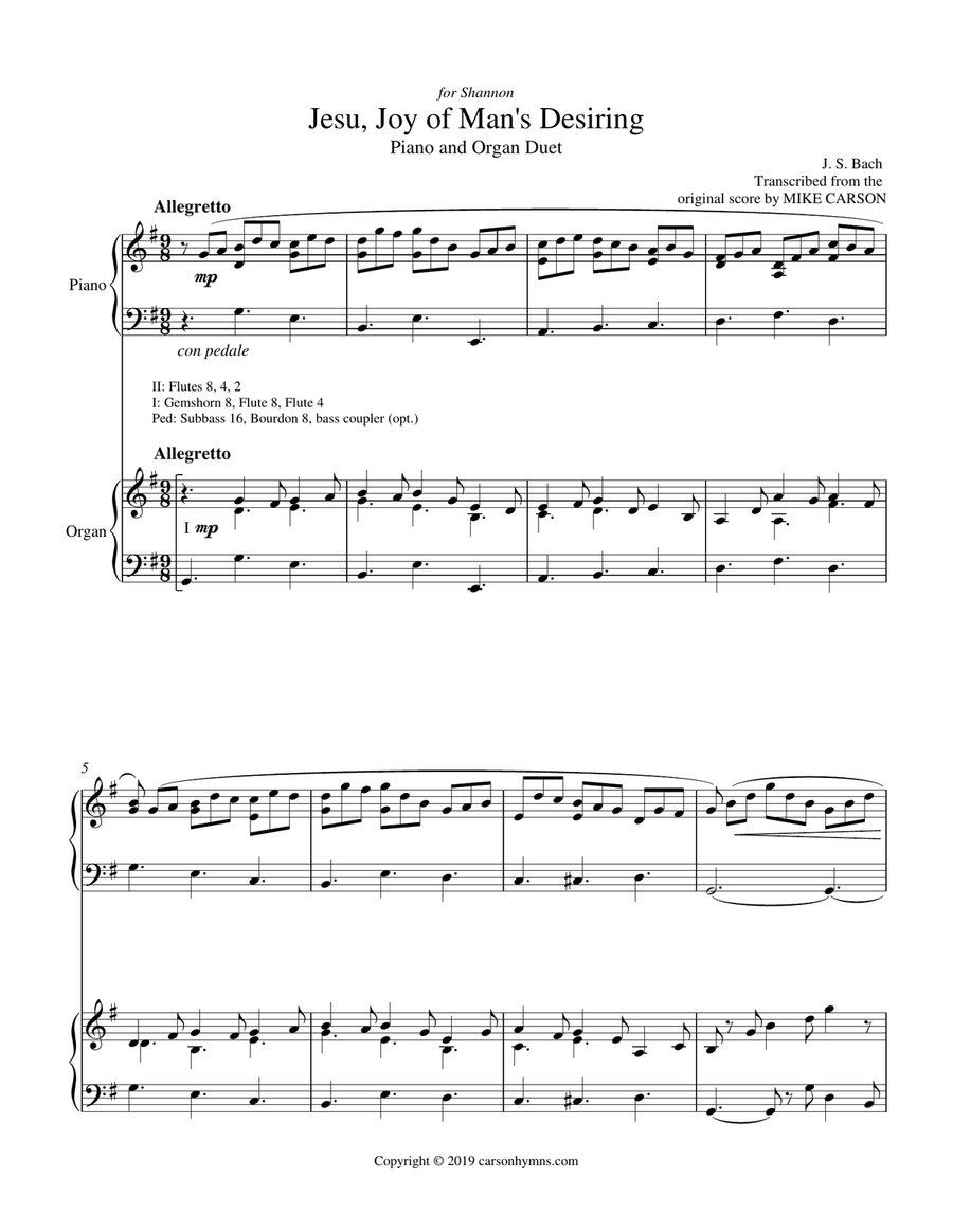 Jesu, Joy of Man's Desiring PIANO and ORGAN DUET Organ Accompaniment scores gallery preview page 2