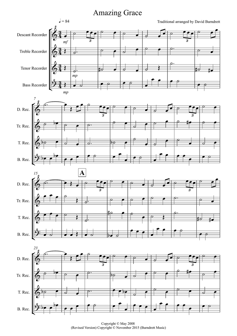 Amazing Grace for Recorder Quartet Small Ensemble scores gallery preview page 1