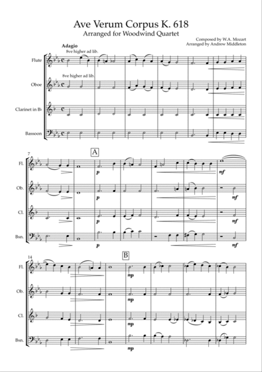 Ave Verum Corpus K.618 arranged for Woodwind Quartet Woodwind Quartet scores gallery preview page 3