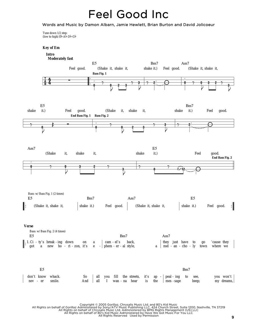Feel Good Inc Feel Good Inc Bass Guitar scores gallery preview page 1