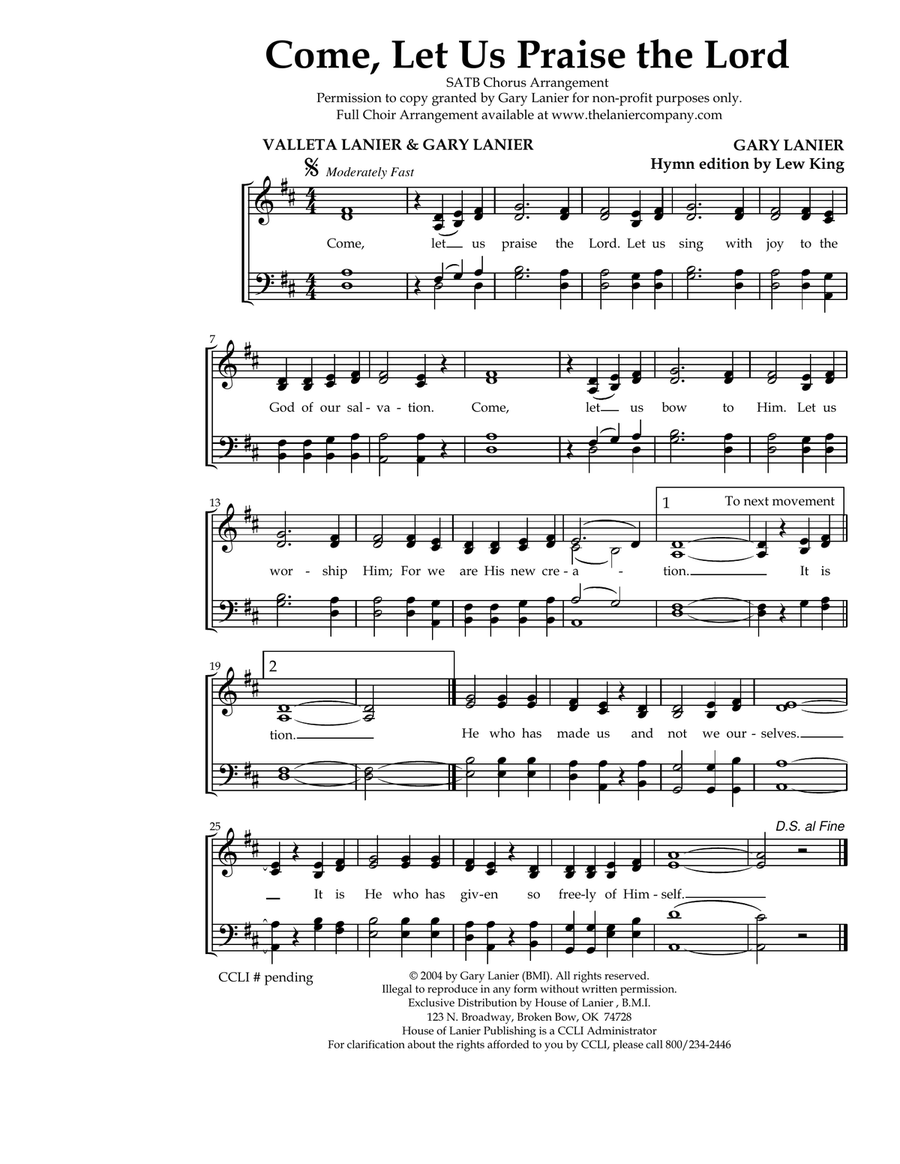 COME, LET US PRAISE THE LORD, Worship Hymn Sheet (Includes Melody, Lyrics, 4 Part Harmony & Chords) 4-Part scores gallery preview page 1