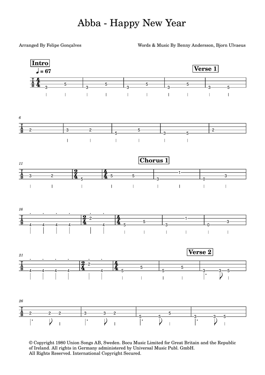 Happy New Year Bass Guitar Tablature scores gallery preview page 1