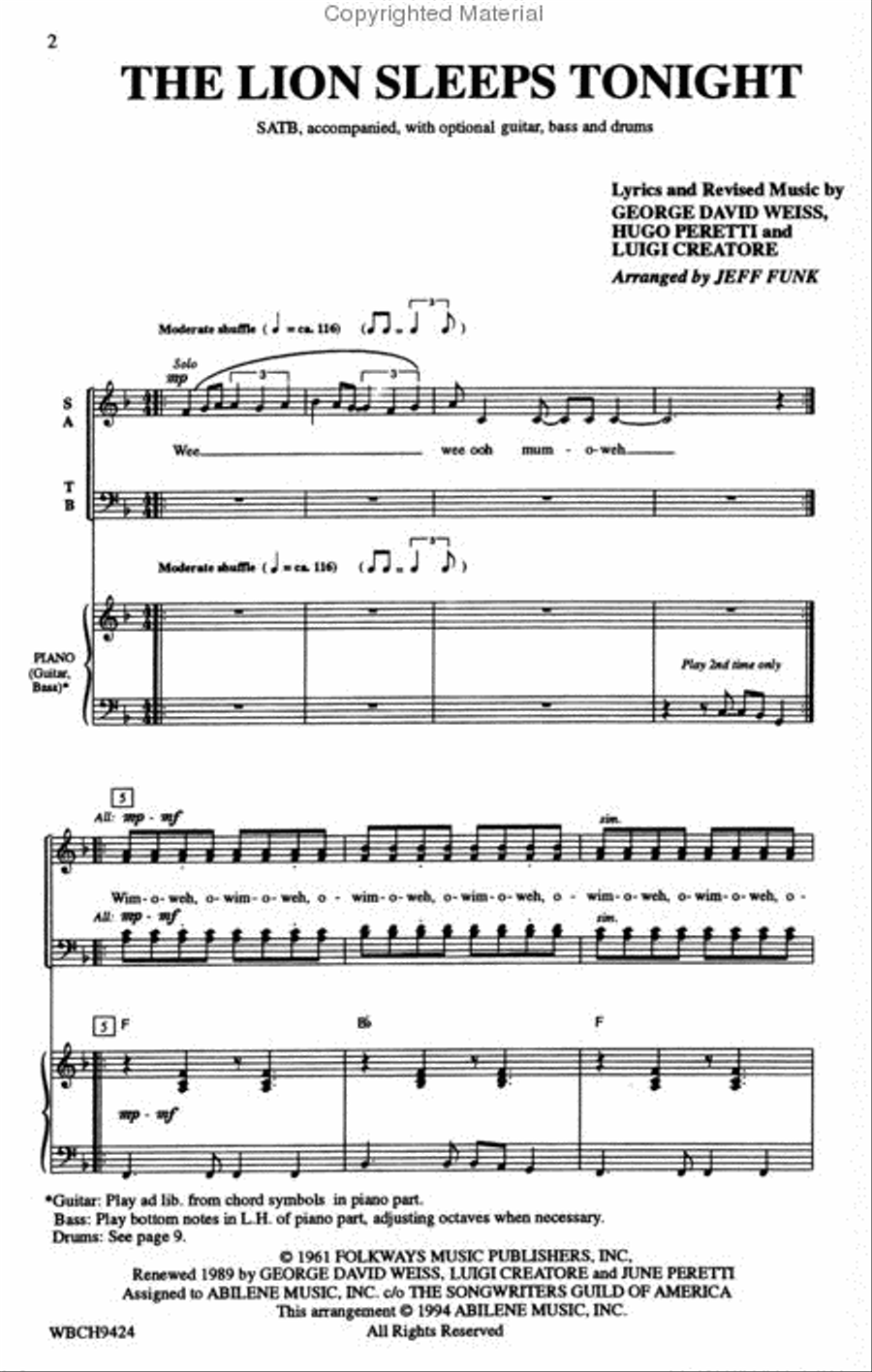 The Lion Sleeps Tonight 4-Part scores gallery preview page 2