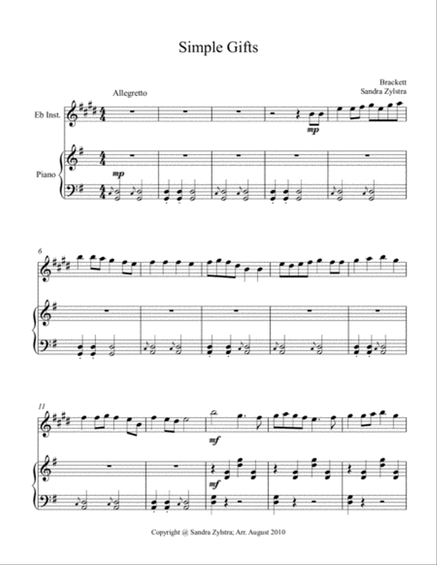 Simple Gifts (treble Eb instrument solo) Alto Saxophone scores gallery preview page 2