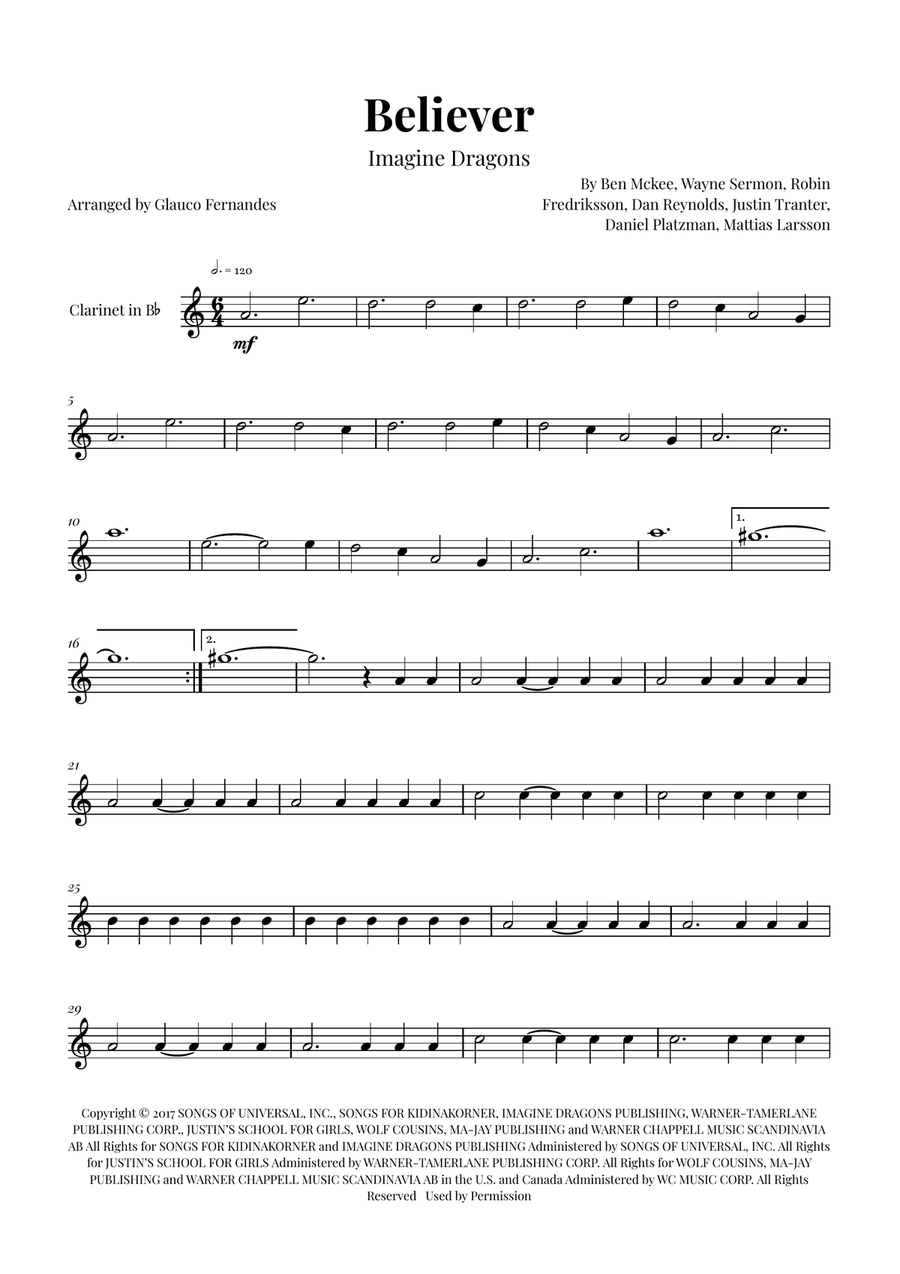 Believer B-Flat Clarinet scores gallery preview page 1