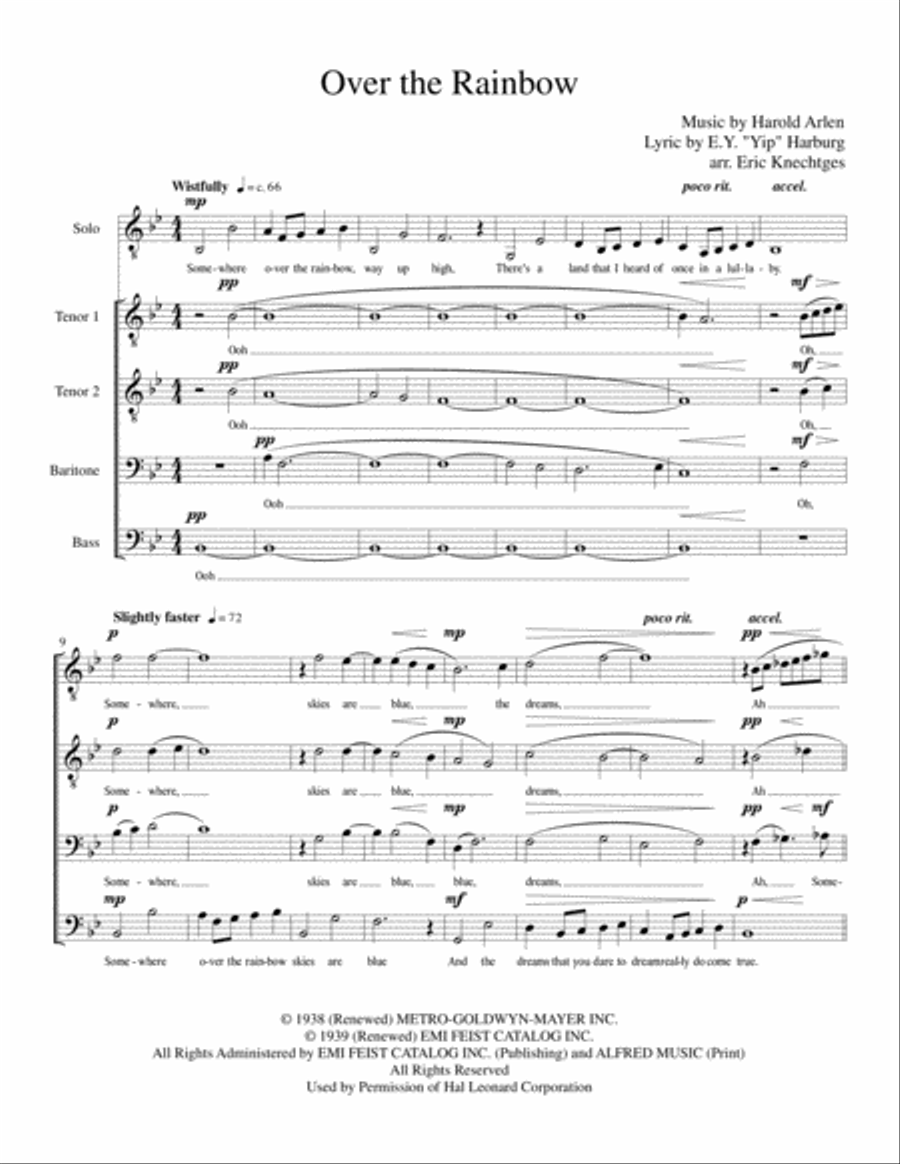 Over The Rainbow (from The Wizard Of Oz) by Judy Garland TTBB - Digital Sheet Music