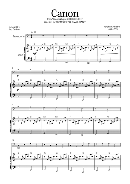 "Canon" by Pachelbel - Version for TROMBONE with PIANO image number null