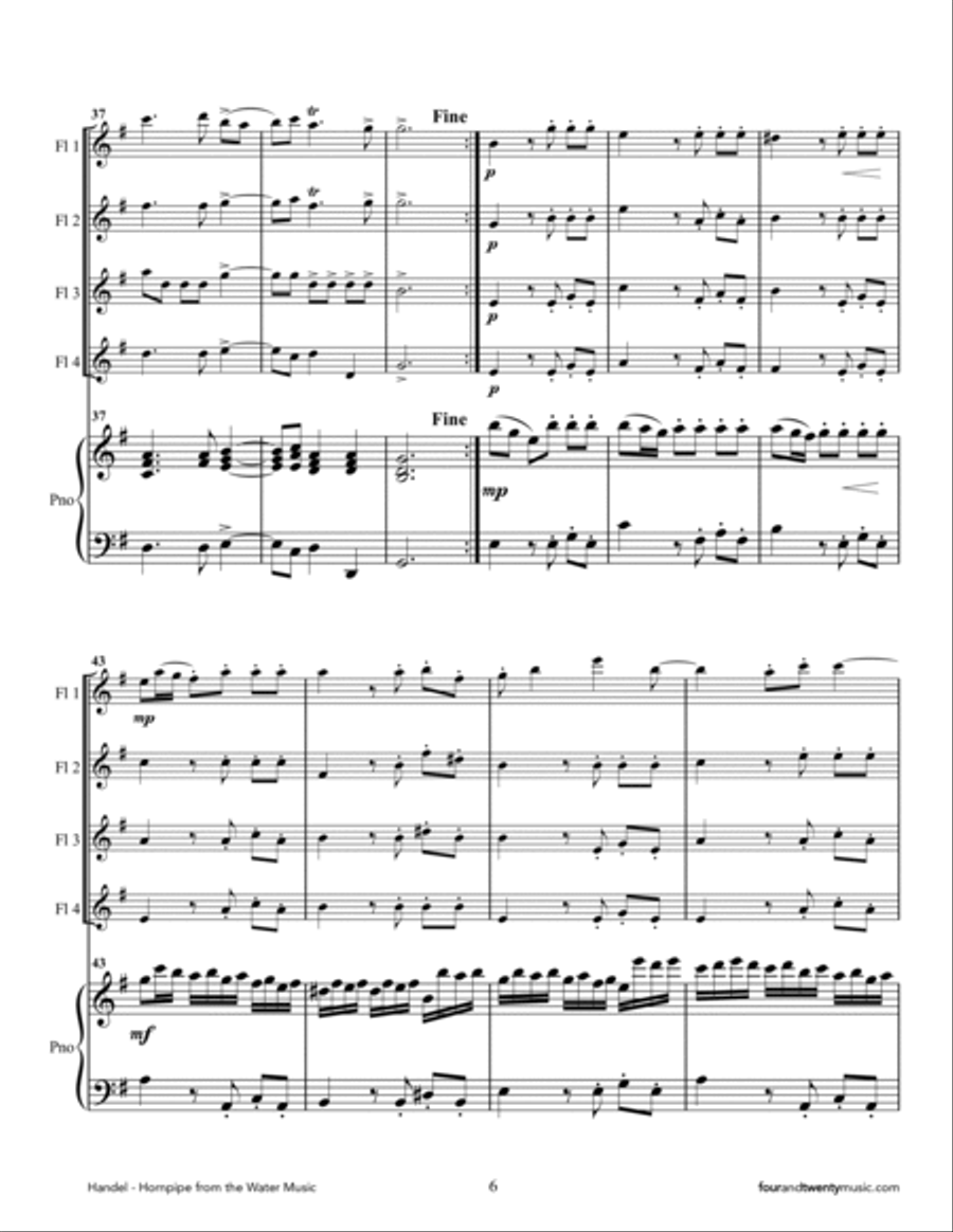 'Hornpipe' from the Water Music, arranged for four flutes and piano Small Ensemble scores gallery preview page 6