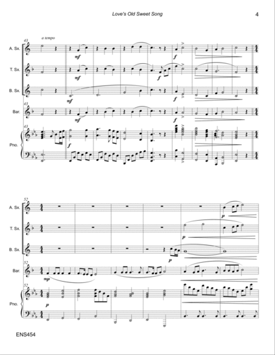 LOVE'S OLD SWEET SONG - Alto, Tenor, Bari Sax and Trombone/Baritone TC with Piano Small Ensemble scores gallery preview page 4