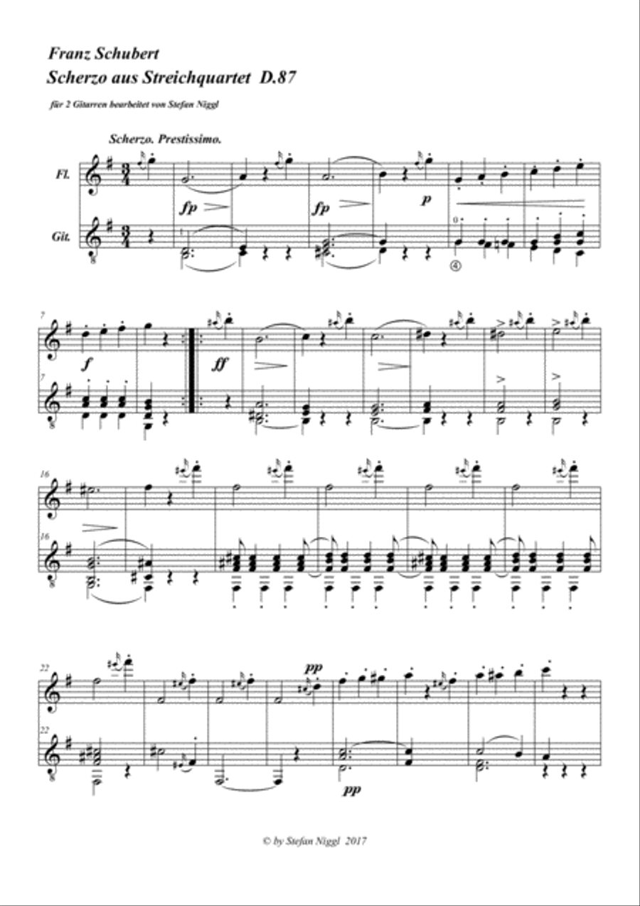 F.Schubert: Scherzo from String Quartet D.87 for Guitar and Flute Flute scores gallery preview page 1
