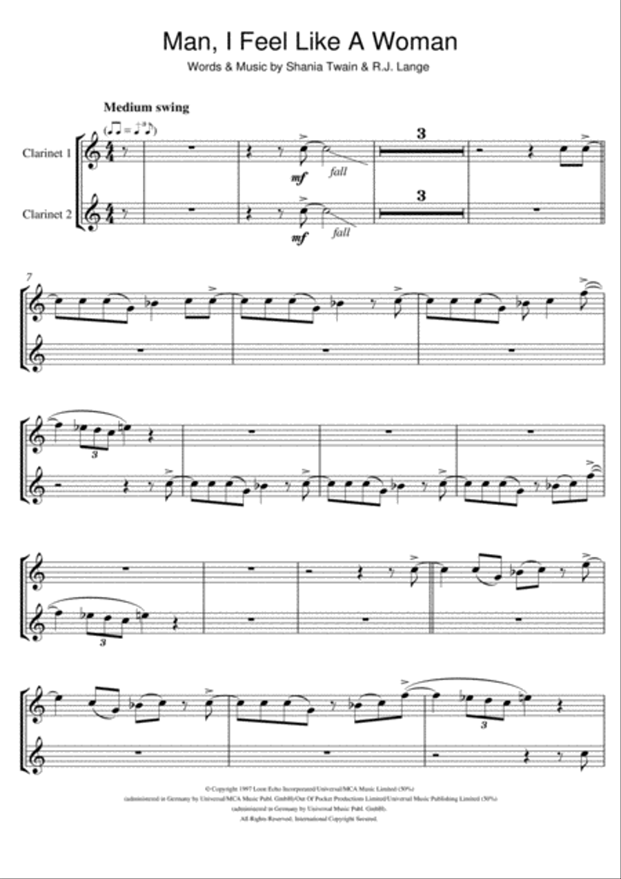 Man! I Feel Like A Woman! Clarinet Duet scores gallery preview page 1