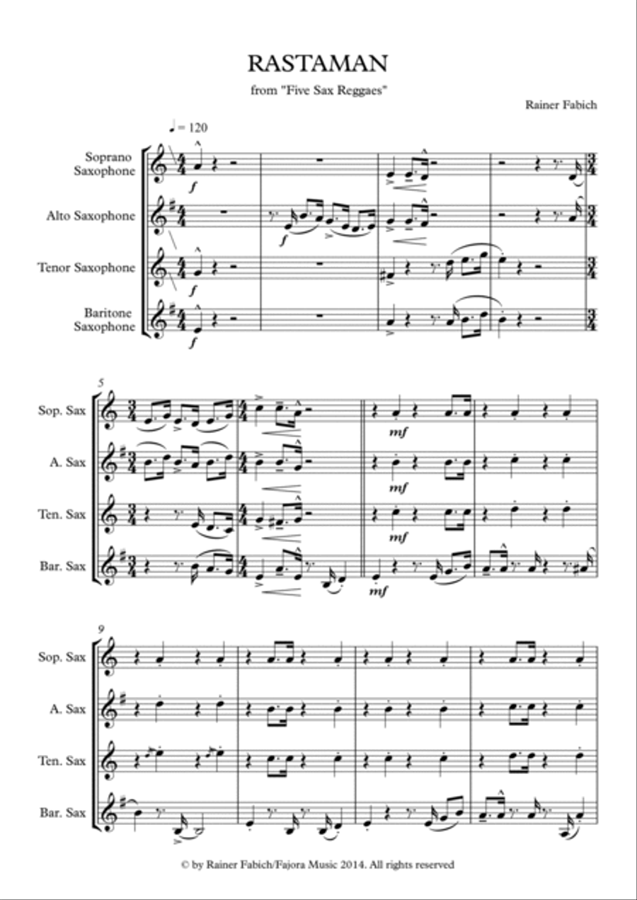Rastaman from Five Sax Reggaes Woodwind Quartet scores gallery preview page 2