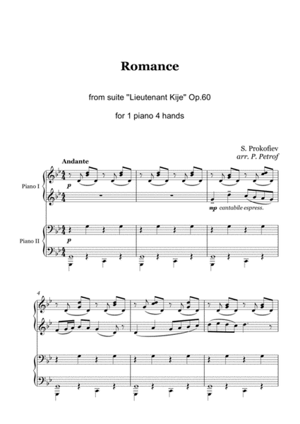 Prokofiev - ROMANCE from ''Lieutenant Kije'' Op. 60 - 1 piano 4 hands image number null