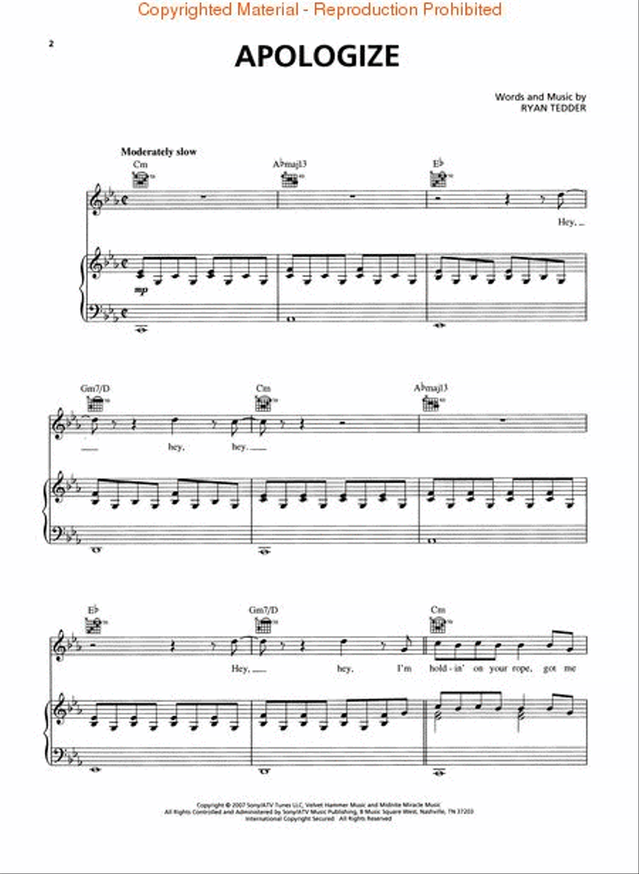 Apologize Piano, Vocal, Guitar scores gallery preview page 2