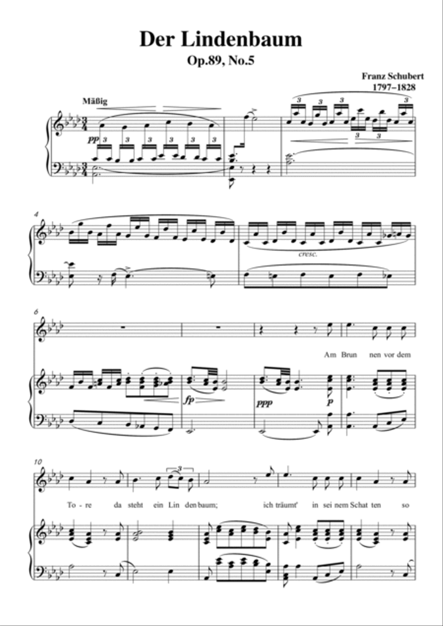Schubert-Der Lindenbaum,Op.89,No.5 in bA for Vocal and Piano Voice scores gallery preview page 2