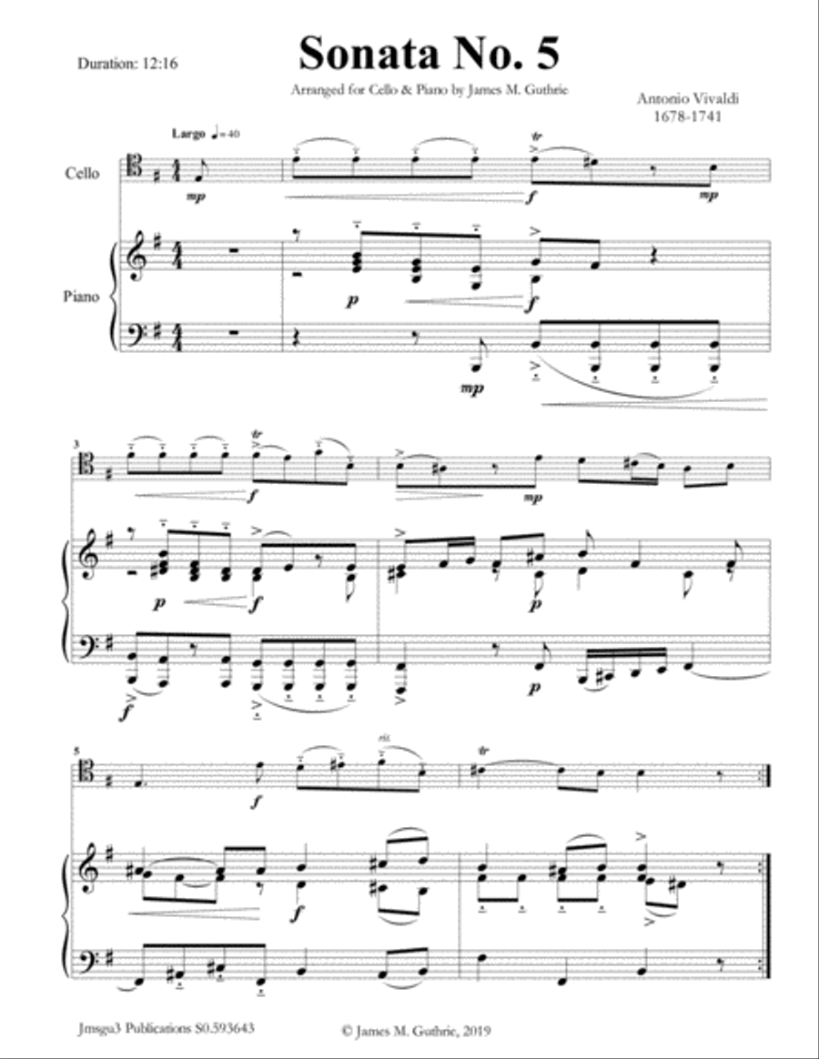 Vivaldi: Sonata No. 5 for Cello & Piano Piano scores gallery preview page 1