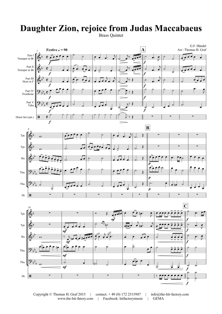 Daughter Zion, rejoice from Judas Maccabaeus - Choral & Shuffle - Brass Quintet Choir scores gallery preview page 1