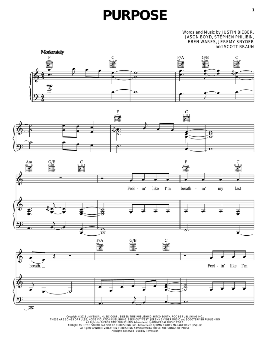 Purpose Piano, Vocal, Guitar scores gallery preview page 1