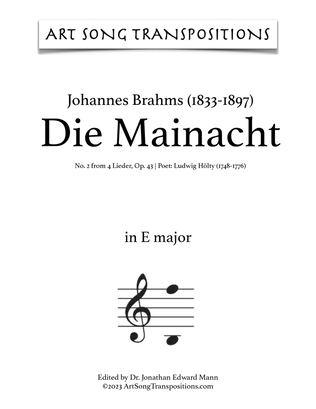 Book cover for BRAHMS: Die Mainacht, Op. 43 no. 2 (transposed to E major)