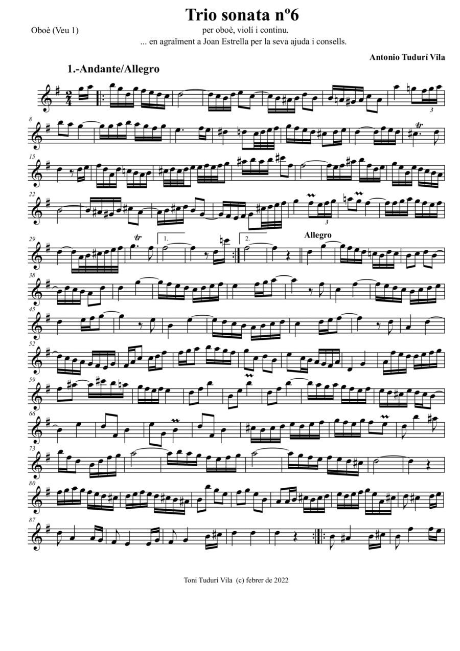 Trio sonata nº6 in G Major for oboe/violin, violin & continuo Small Ensemble scores gallery preview page 1