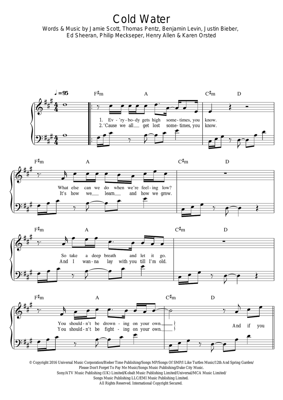Cold Water (featuring Justin Bieber and MO) Easy Piano scores gallery preview page 1
