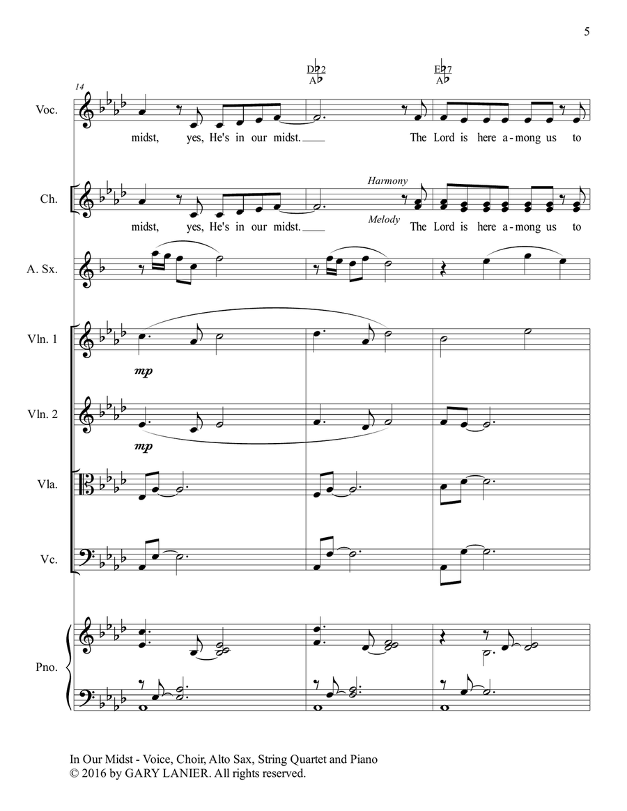 Gary Lanier: IN OUR MIDST (Worship - For Voice, Choir, Alto Sax, String Quartet and Piano with Parts Choir scores gallery preview page 6