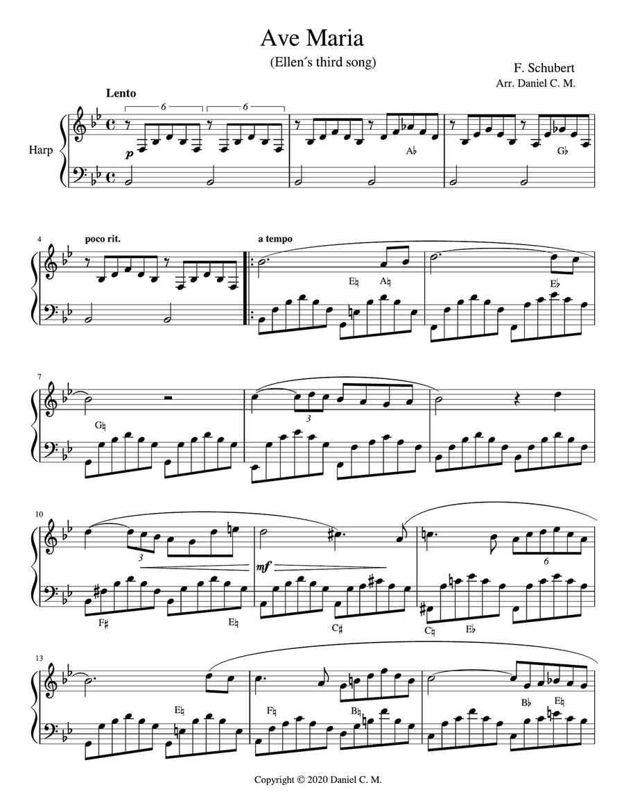 Ave Maria for harp (simplified) Harp scores gallery preview page 1
