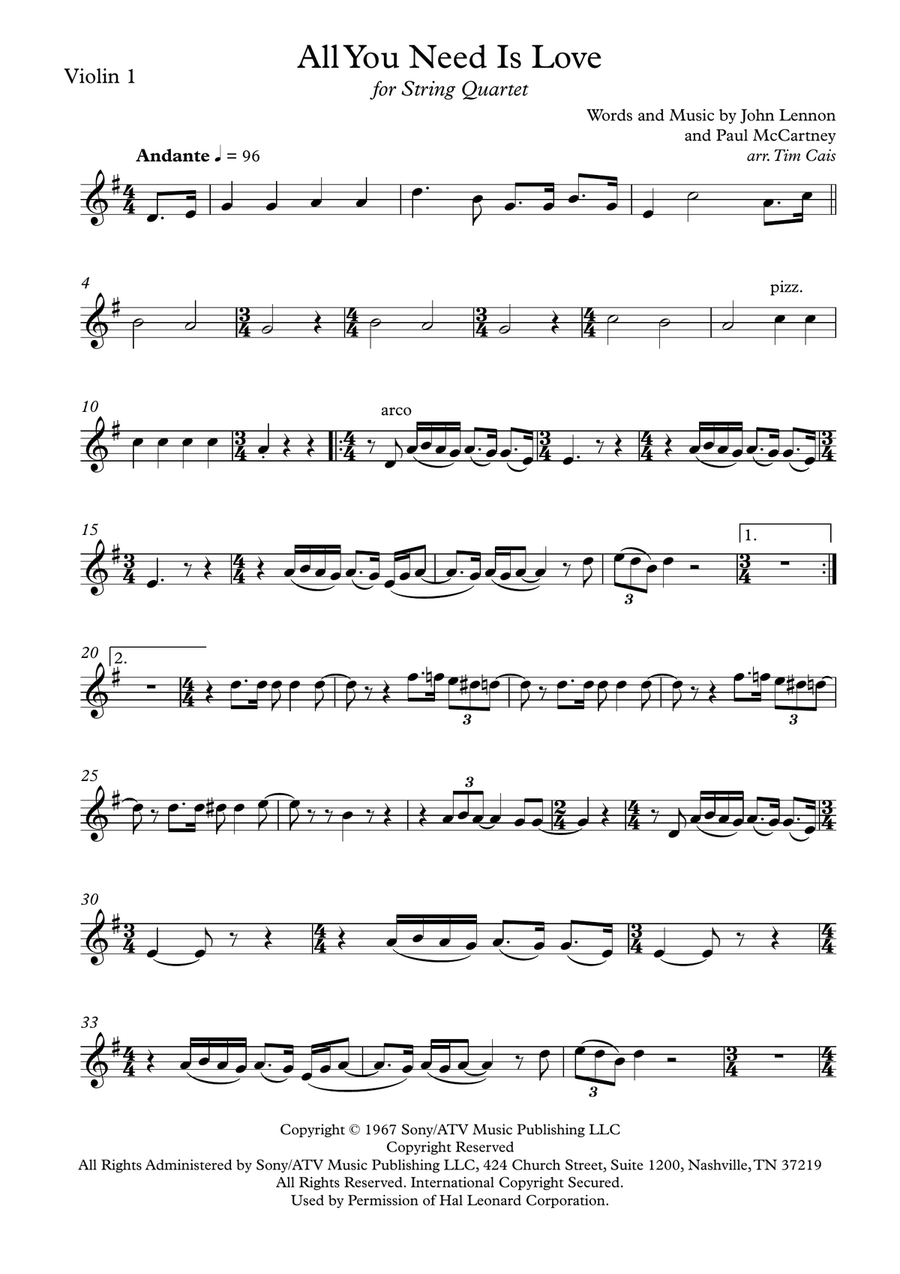 All You Need Is Love String Quartet scores gallery preview page 5