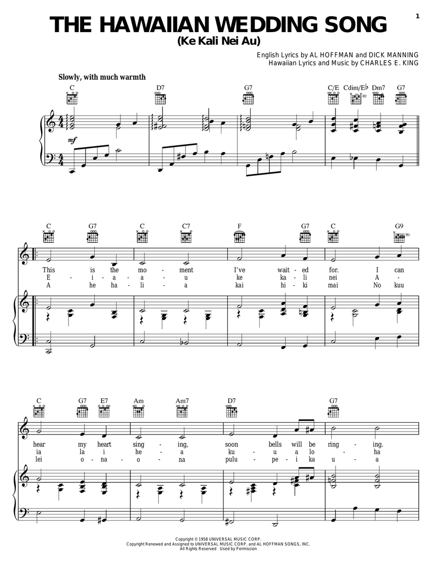 The Hawaiian Wedding Song (Ke Kali Nei Au) Piano, Vocal, Guitar scores gallery preview page 1