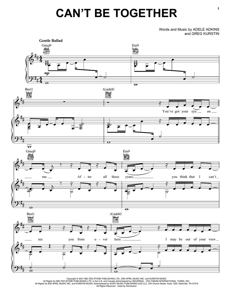 Can't Be Together Piano, Vocal, Guitar scores gallery preview page 1
