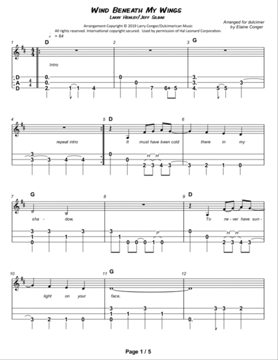 The Wind Beneath My Wings Dulcimer scores gallery preview page 2